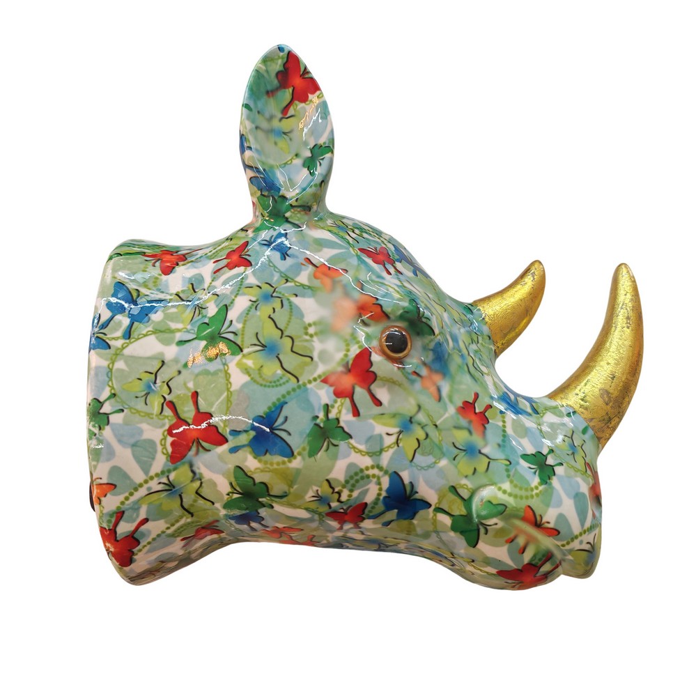 TETE DE RHINOCEROS POMME PIDOU VERTE ET PAPILLONS - Photo N°1