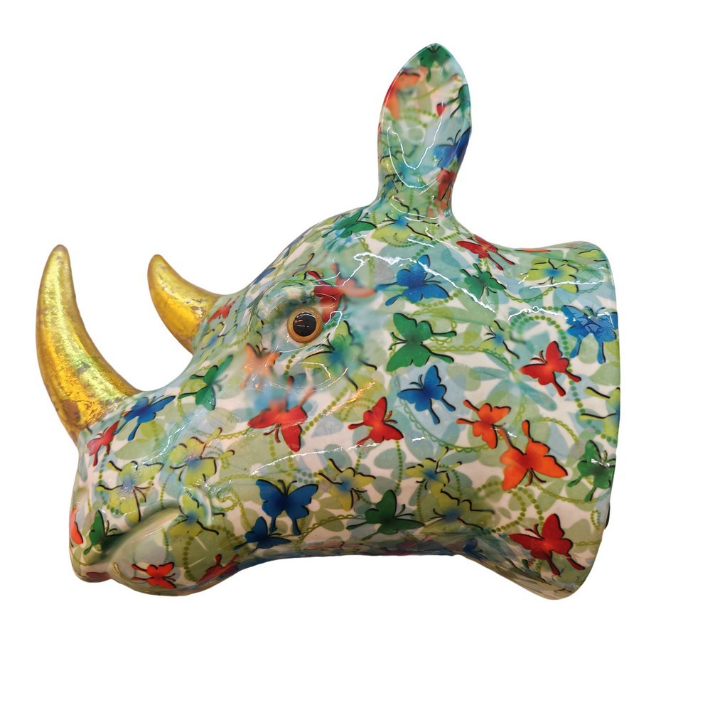 TETE DE RHINOCEROS POMME PIDOU VERTE ET PAPILLONS - Photo N°4