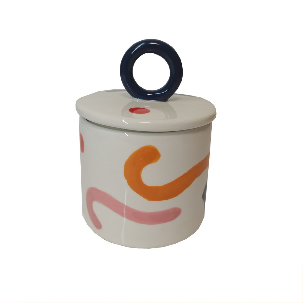 BOCAL CERAMIQUE HERMETIQUE MONICA  et  VERONICA MULTICOLORE ANSE BLEU 12 X 15 CM - Photo N°1