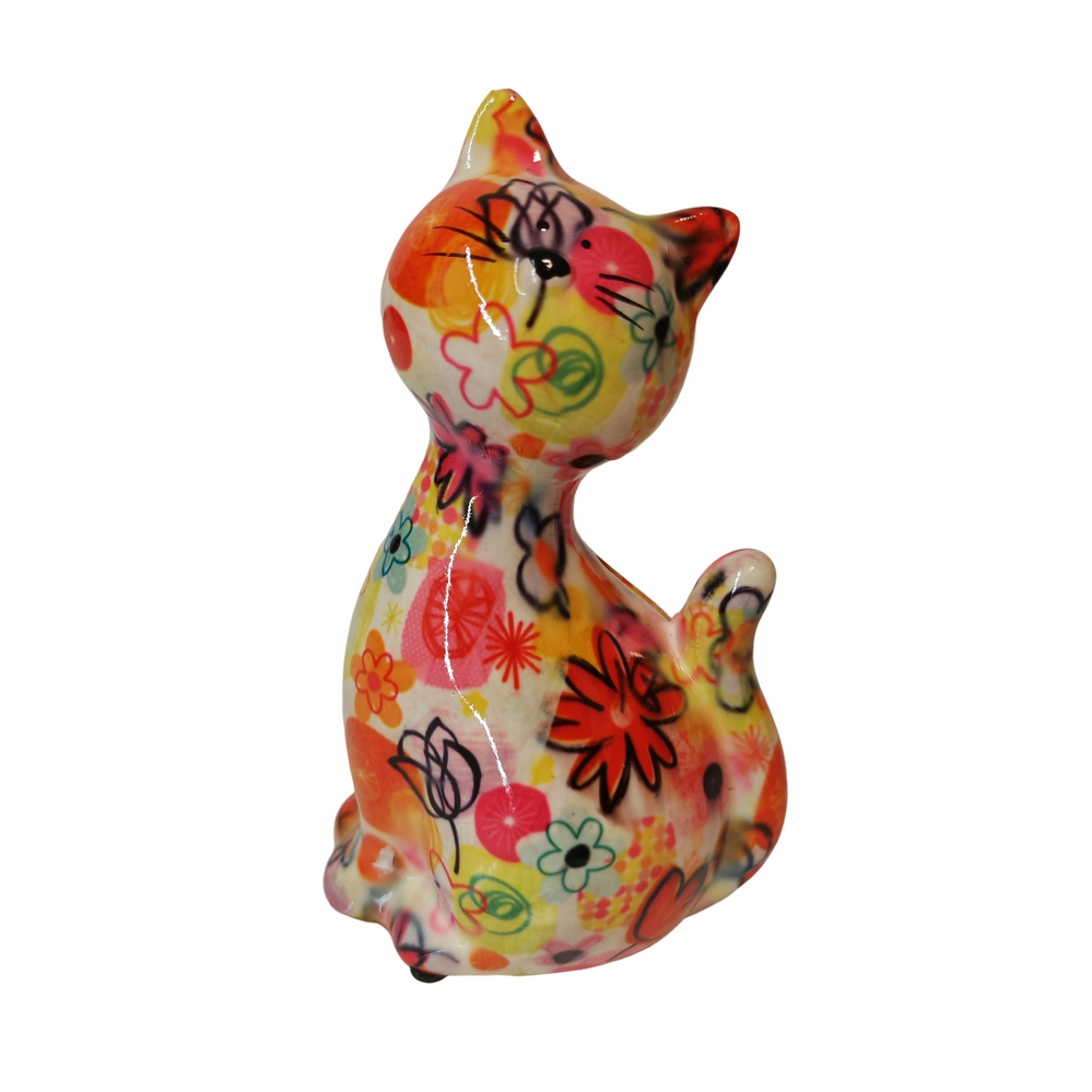 TIRELIRE CHAT CARAMEL POMME PIDOU BLANCHE ET FLEURS - Photo N°1