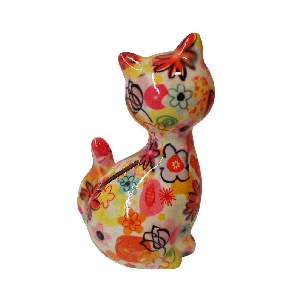 TIRELIRE CHAT CARAMEL POMME PIDOU BLANCHE ET FLEURS - Photo N°3