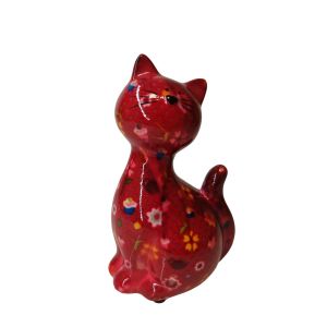 TIRELIRE CHAT CARAMEL POMME PIDOU ROUGE ET FLEURS