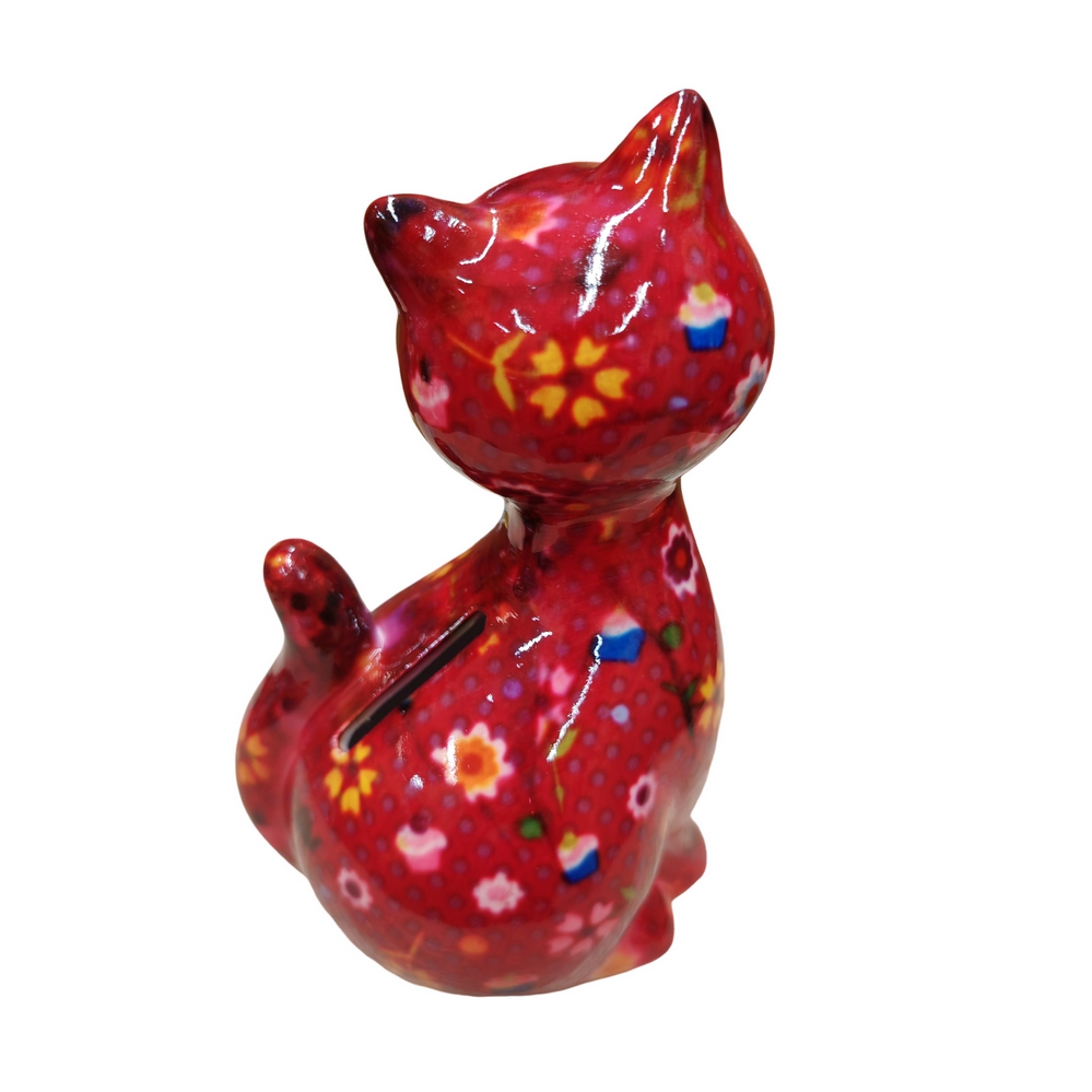 TIRELIRE CHAT CARAMEL POMME PIDOU ROUGE ET FLEURS - Photo N°3