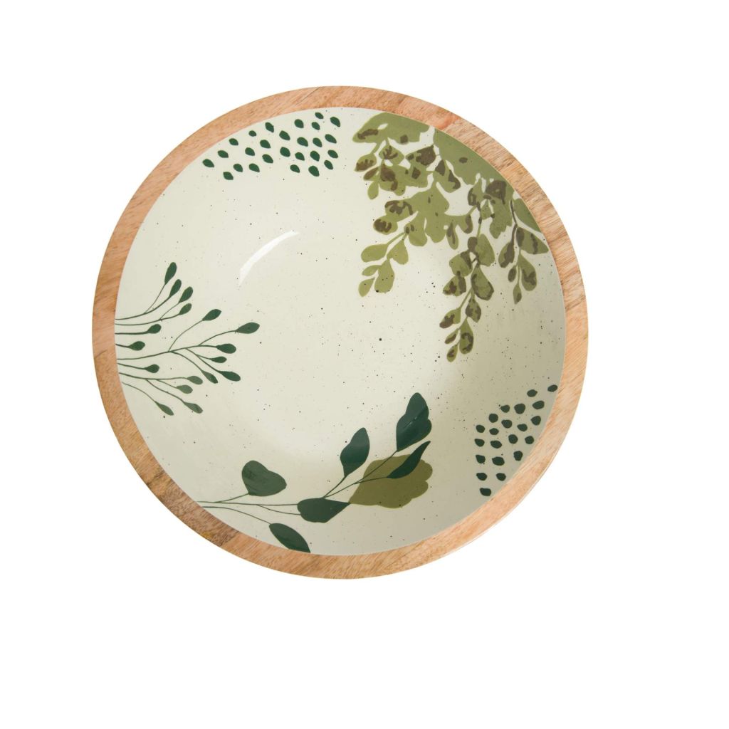 SALADIER LISON BOIS DE MANGUIER ET DECOR VEGETAL VERT 35 X 12 CM - Photo N°2