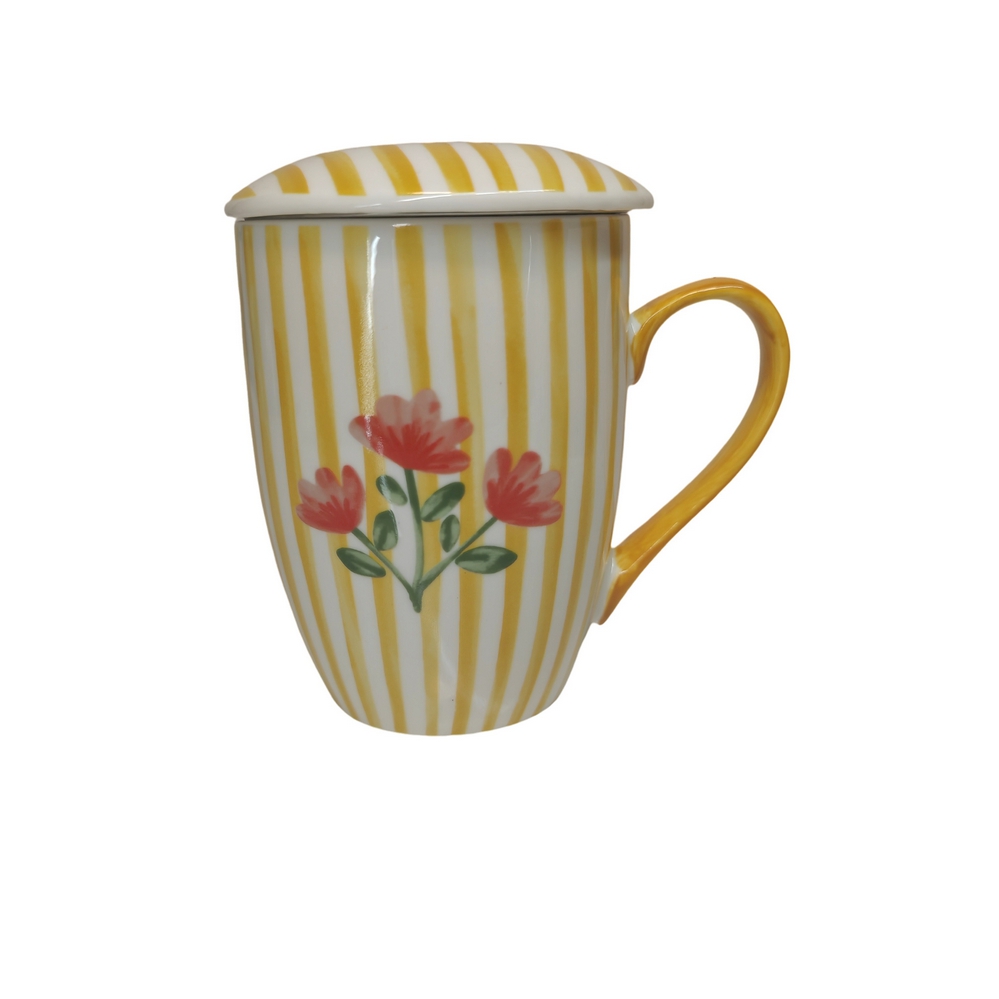 COFFRET MUG TISANIERE FILTRE INOX LOUISE DECOR D'UNE FLEUR 280 ML PORCELAINE - Photo N°1