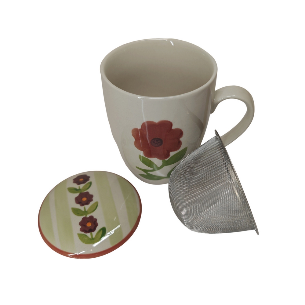 MUG FILTRE TISANIERE DAPHNE EN GRES FLEUR ROUGE 13 x 9 cm - Photo N°2