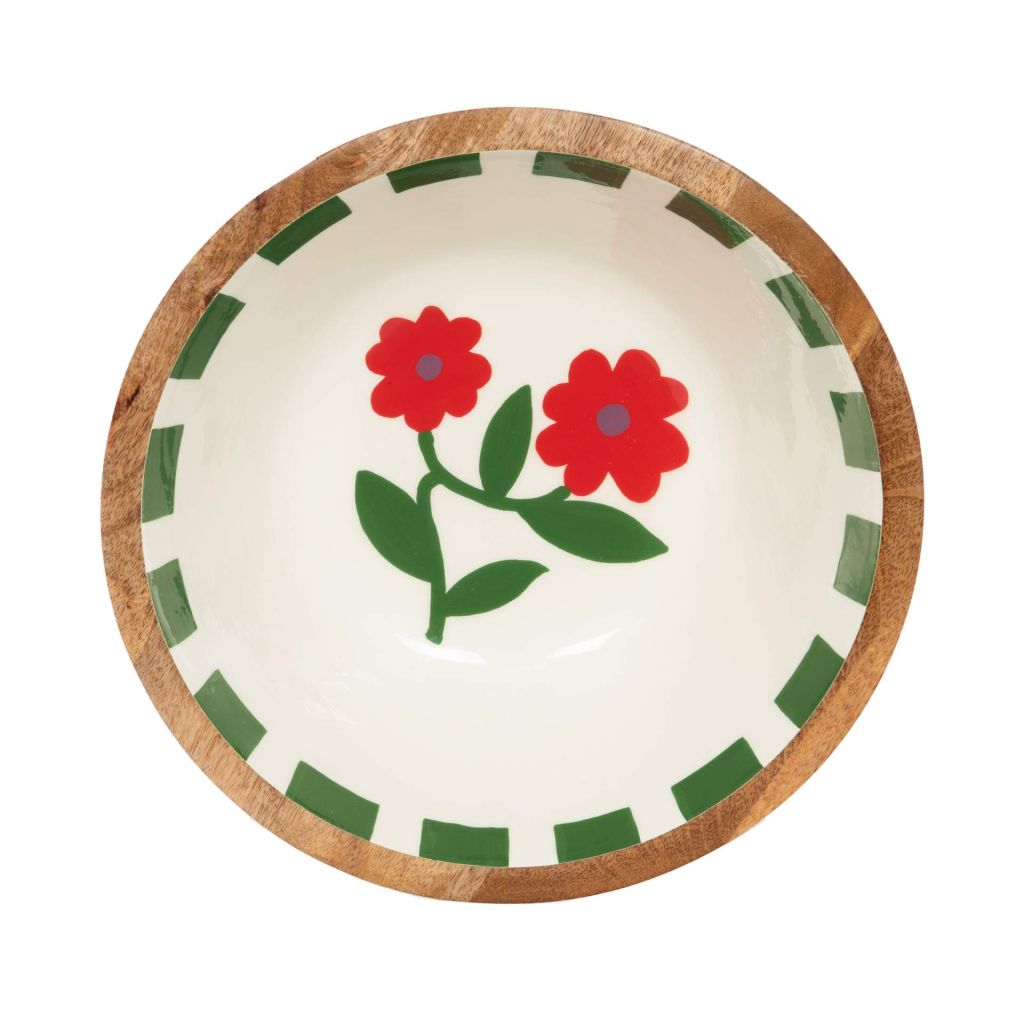 SALADIER DAPHNE BOIS DE MANGUIER ET SON DECOR DE FLEURS ROUGE 35 X 12 CM - Photo N°3