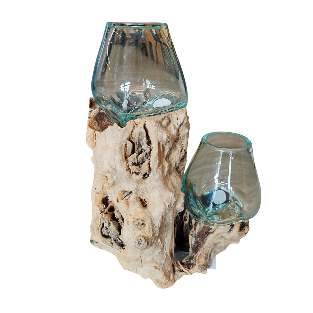 RACINE DECORATIVE EN TECK AVEC 2 BULLES DE VERRE FONDU SUR BOIS ENV 80 CM - Photo N°1