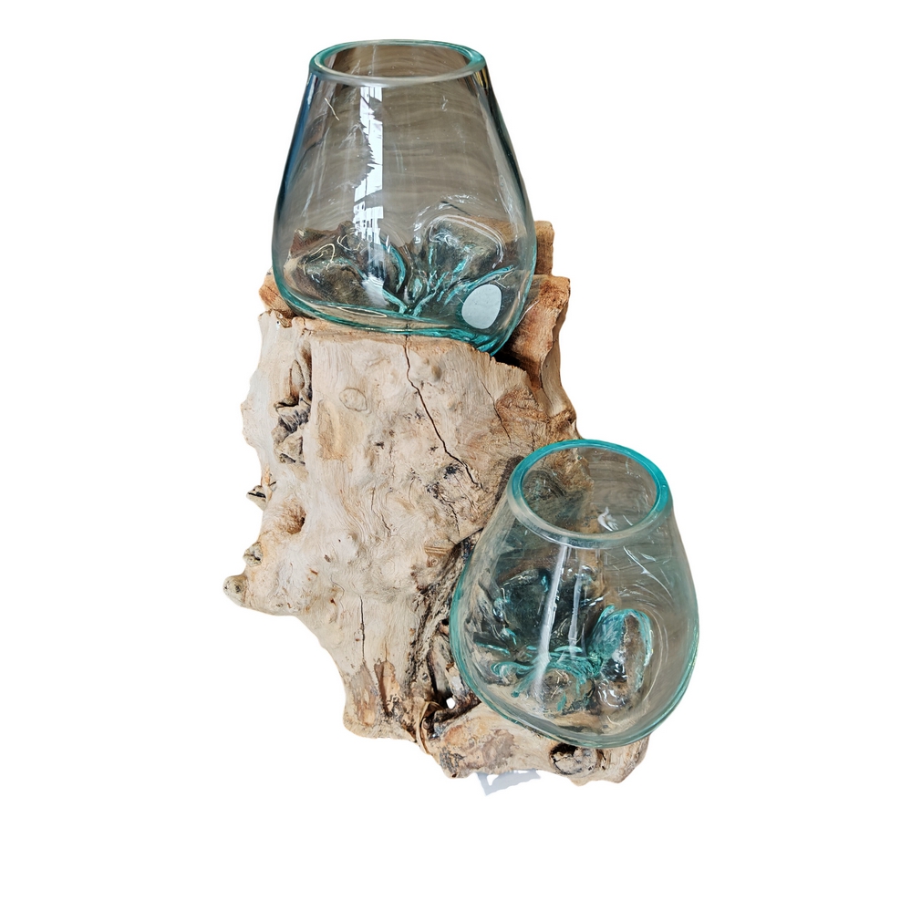 RACINE DECORATIVE EN TECK AVEC 2 BULLES DE VERRE FONDU SUR BOIS ENV 80 CM - Photo N°3