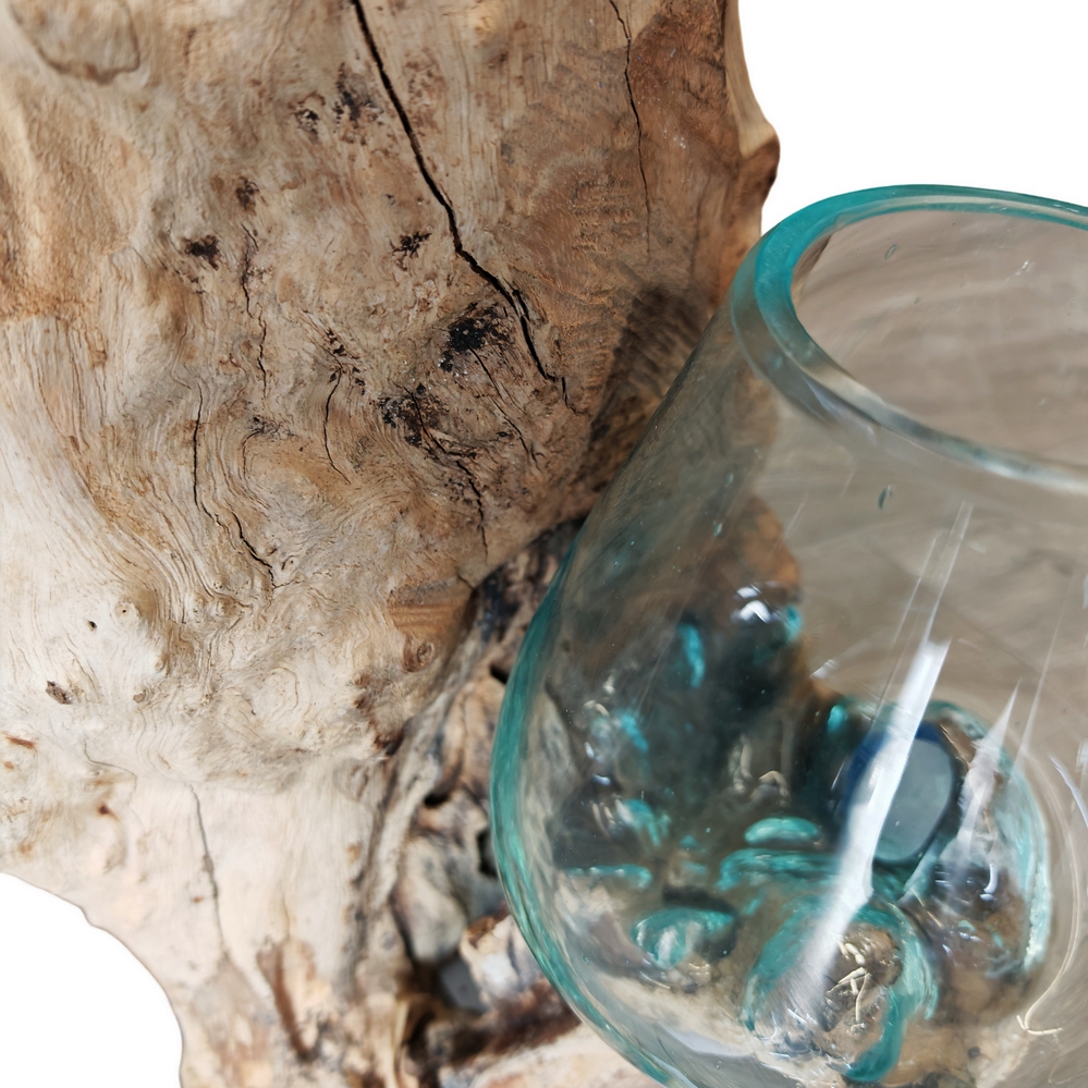 RACINE DECORATIVE EN TECK AVEC 2 BULLES DE VERRE FONDU SUR BOIS ENV 80 CM - Photo N°2