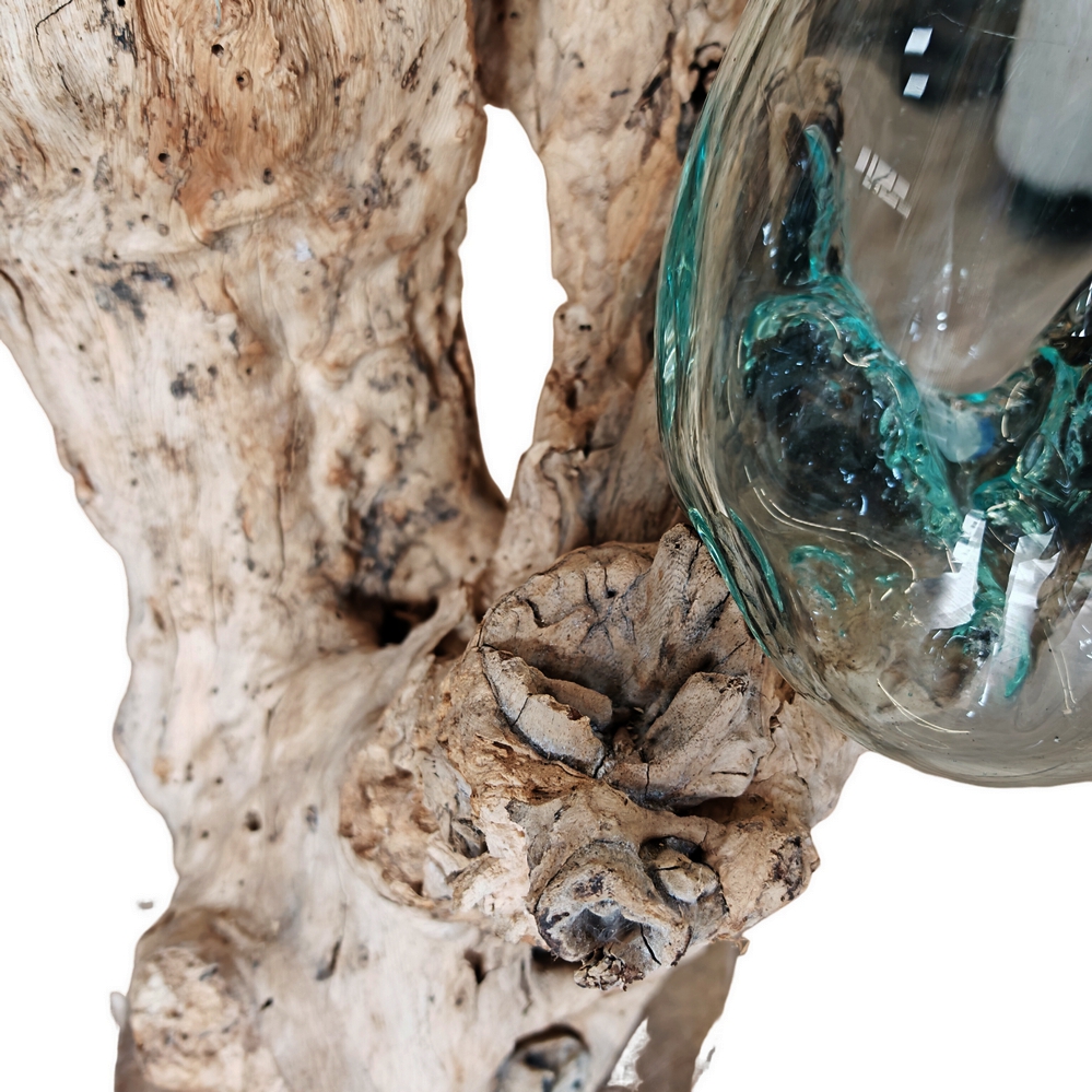 RACINE DECORATIVE EN TECK AVEC 2 BULLES DE VERRE FONDU SUR BOIS ENV 35 CM - Photo N°3