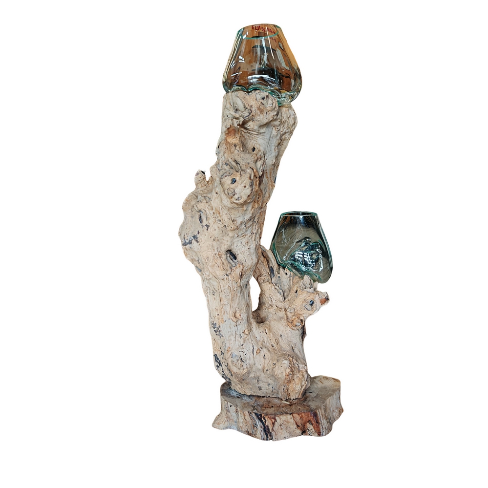RACINE DECORATIVE EN TECK AVEC 2 BULLES DE VERRE FONDU SUR BOIS ENV 35 CM - Photo N°1