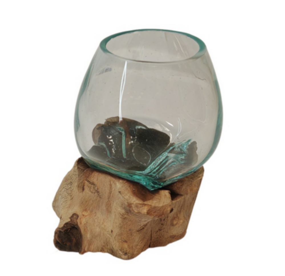 VASE EN VERRE MOULE SUR SUPPORT EN RACINE DE TECK 15 CM - Photo N°1