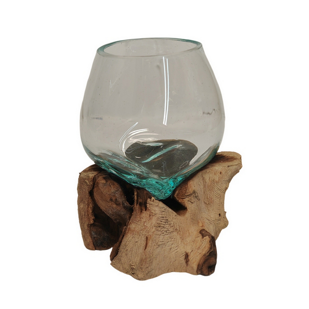 VASE EN VERRE MOULE SUR SUPPORT EN RACINE DE TECK 15 CM - Photo N°2