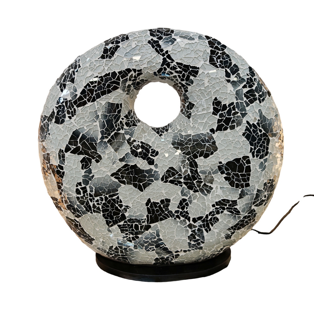 LAMPE DONUT NOIRE ET BLANCHE A POSER MOSAIQUE DE VERRE 35 CM - Photo N°3