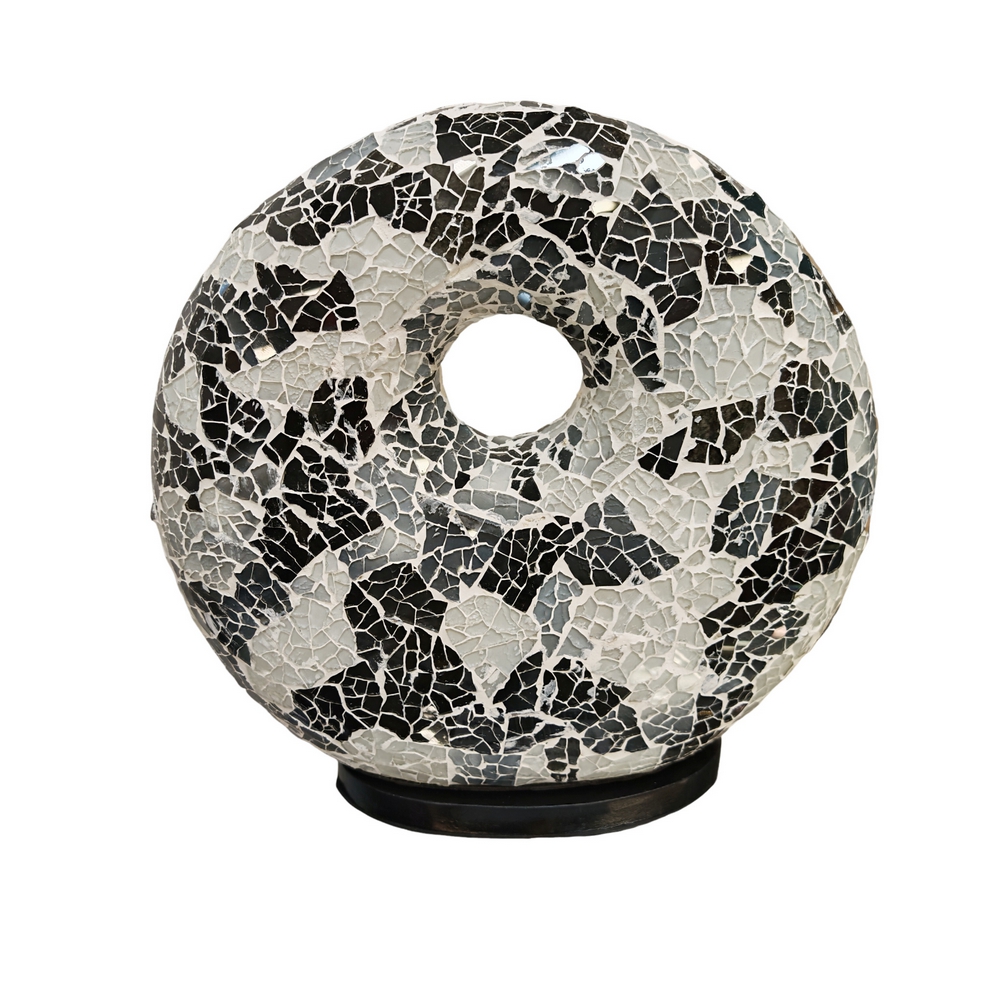 LAMPE DONUT NOIRE ET BLANCHE A POSER MOSAIQUE DE VERRE 25 CM - Photo N°2