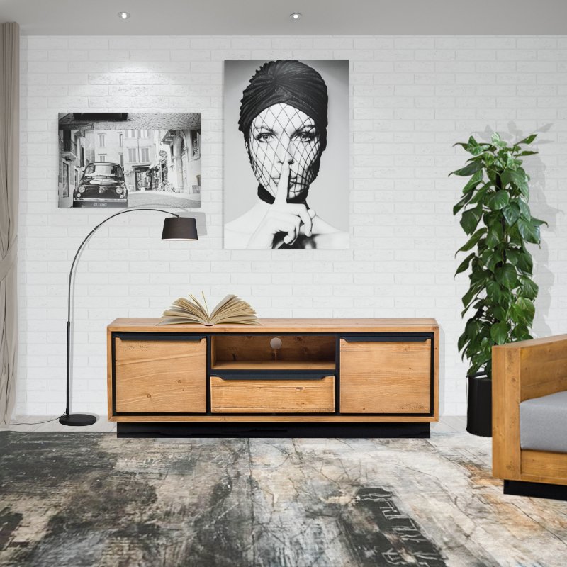 MEUBLE TV RETRO 2 P - 1T - 1 NICHE EN PIN MASSIF ET NOIR 140 X 55 X 40 cm - Photo N°1