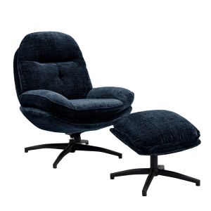 FAUTEUIL ET POUF BRANSON TISSU CREMONA BLEU NUIT PIEDS NOIR H 96 X L 78 X P 99CM