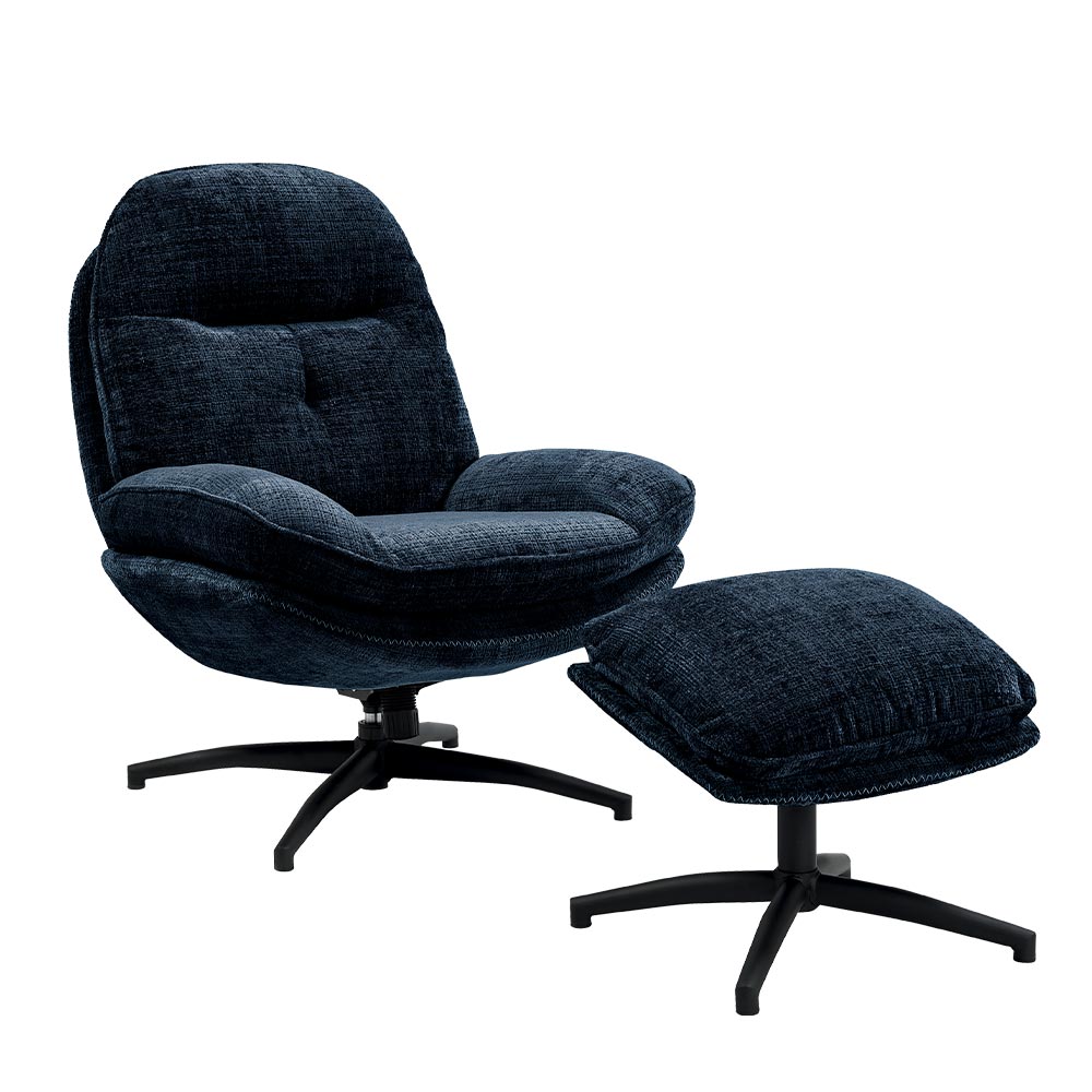 FAUTEUIL ET POUF BRANSON TISSU CREMONA BLEU NUIT PIEDS NOIR H 96 X L 78 X P 99CM - Photo N°1
