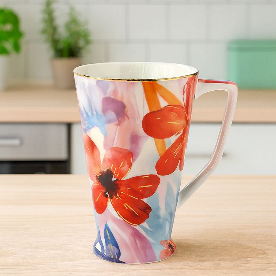 COFFRET MAXI MUG COLLECTION AQUARELLA AUX FLEURS ROUGES 500ML - Photo N°1