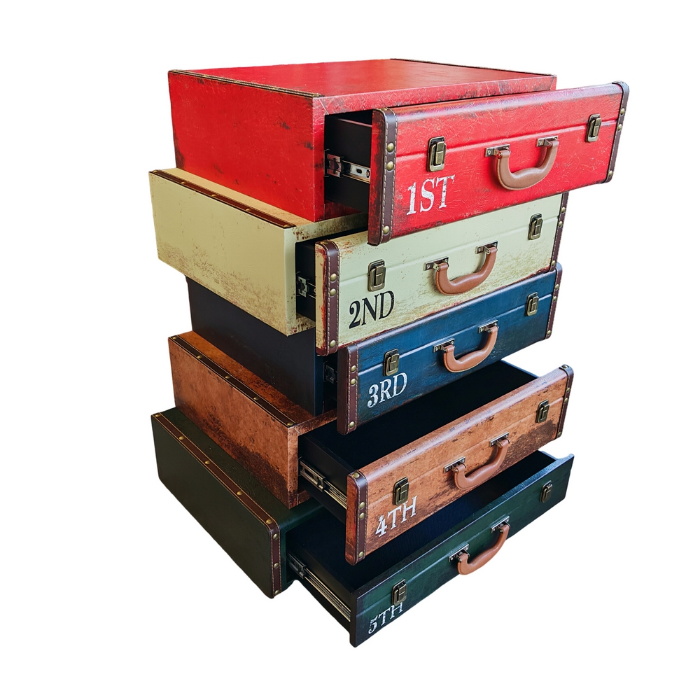 MEUBLE VALISE POUR RANGEMENT 5 TIROIRS MULTICOLORE DECALES 60 X 80 X 40 CM - Photo N°2