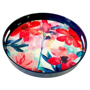 PLATEAU ROND AQUARELLA DECOR FLEURS ROUGES AVEC ANSES  33 X 4 X 33 CM