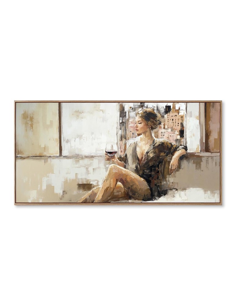 PEINTURE FEMME ASSISE AVEC UN VERRE A LA MAIN 70 X 140 X 4.5 CM - Photo N°1