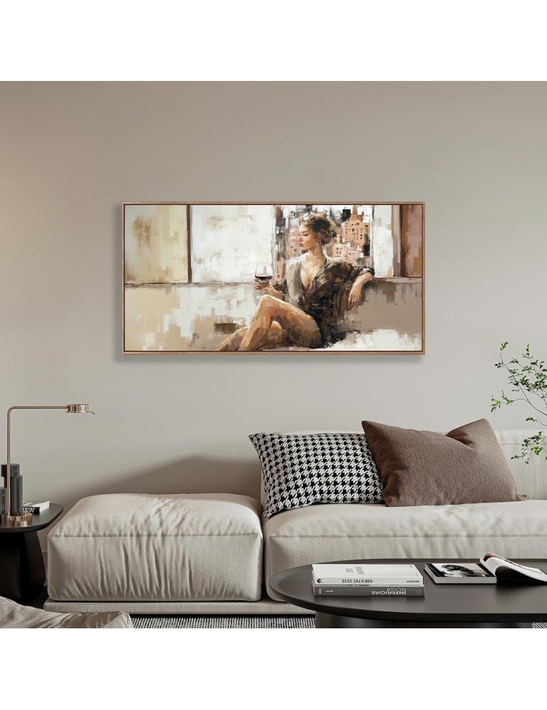 PEINTURE FEMME ASSISE AVEC UN VERRE A LA MAIN 70 X 140 X 4.5 CM - Photo N°3
