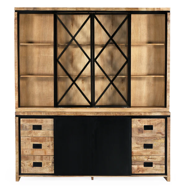 MEUBLE HAUT 2 CORPS MANGUIER ET METAL 4 PORTES 6 TIROIRS 200 x 45 x 220 CM - Photo N°4