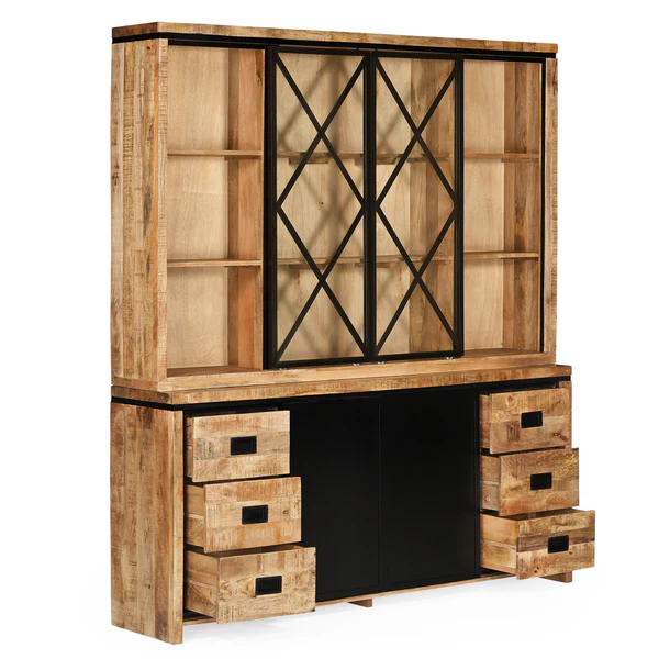 MEUBLE HAUT 2 CORPS MANGUIER ET METAL 4 PORTES 6 TIROIRS 200 x 45 x 220 CM - Photo N°2