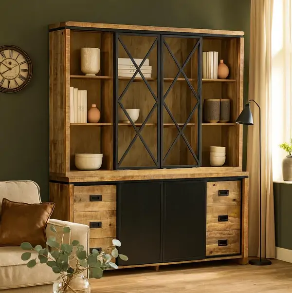 MEUBLE HAUT 2 CORPS MANGUIER ET METAL 4 PORTES 6 TIROIRS 200 x 45 x 220 CM - Photo N°1