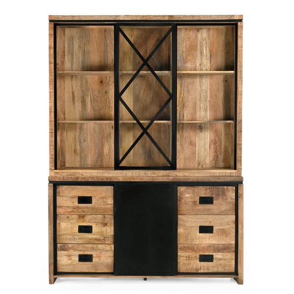 MEUBLE HAUT 2 CORPS MANGUIER ET METAL 2 PORTES 6 TIROIRS 160 x 45 x 220 CM - Photo N°4