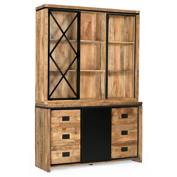 MEUBLE HAUT 2 CORPS MANGUIER ET METAL 2 PORTES 6 TIROIRS 160 x 45 x 220 CM - Photo N°3