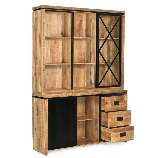 MEUBLE HAUT 2 CORPS MANGUIER ET METAL 2 PORTES 6 TIROIRS 160 x 45 x 220 CM - Photo N°2