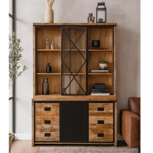 MEUBLE HAUT 2 CORPS MANGUIER ET METAL 2 PORTES 6 TIROIRS 160 x 45 x 220 CM