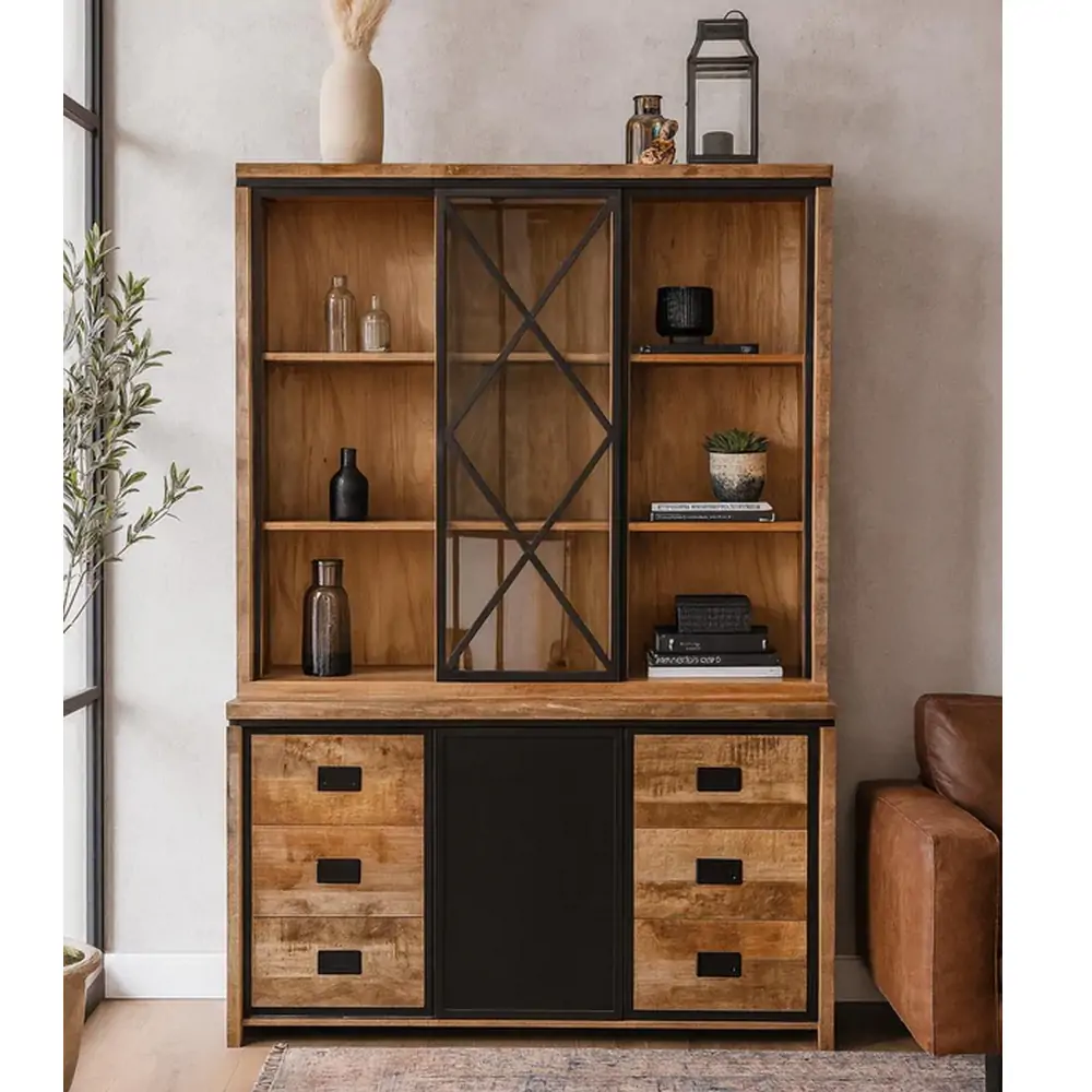 MEUBLE HAUT 2 CORPS MANGUIER ET METAL 2 PORTES 6 TIROIRS 160 x 45 x 220 CM - Photo N°1