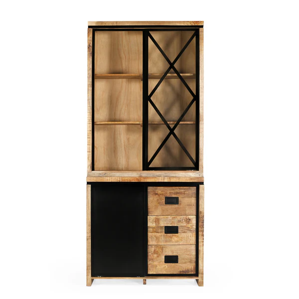 MEUBLE HAUT 2 CORPS MANGUIER ET METAL 2 PORTES 3 TIROIRS 100 x 45 x 220 CM - Photo N°5