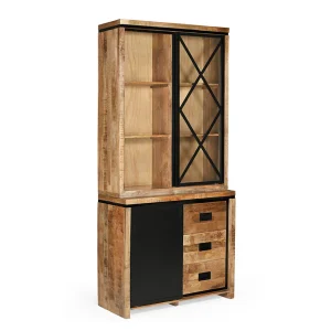 MEUBLE HAUT 2 CORPS MANGUIER ET METAL 2 PORTES 3 TIROIRS 100 x 45 x 220 CM