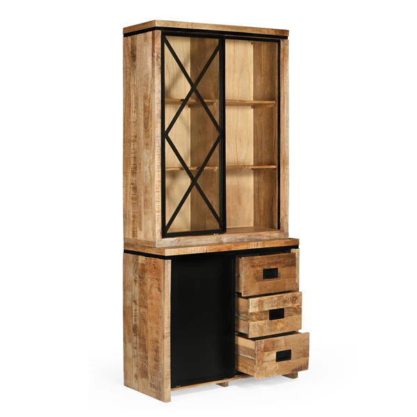 MEUBLE HAUT 2 CORPS MANGUIER ET METAL 2 PORTES 3 TIROIRS 100 x 45 x 220 CM - Photo N°3