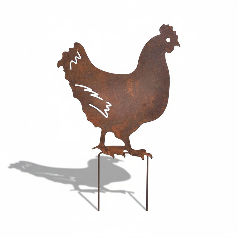 PIQUE DE JARDIN POULE METAL ROUILLE 29 X 47 CM - Photo N°1