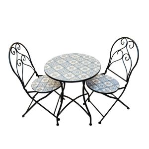 ENSEMBLE TABLE ET 2 CHAISES DE JARDIN EN FER ET MOSAIQUE 60 X 71 CM