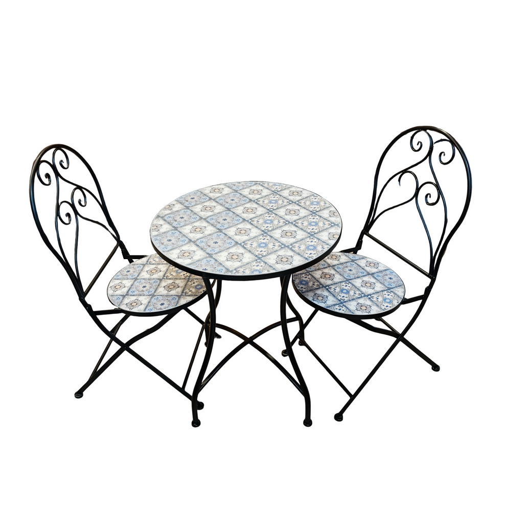 ENSEMBLE TABLE ET 2 CHAISES DE JARDIN EN FER ET MOSAIQUE 60 X 71 CM - Photo N°1