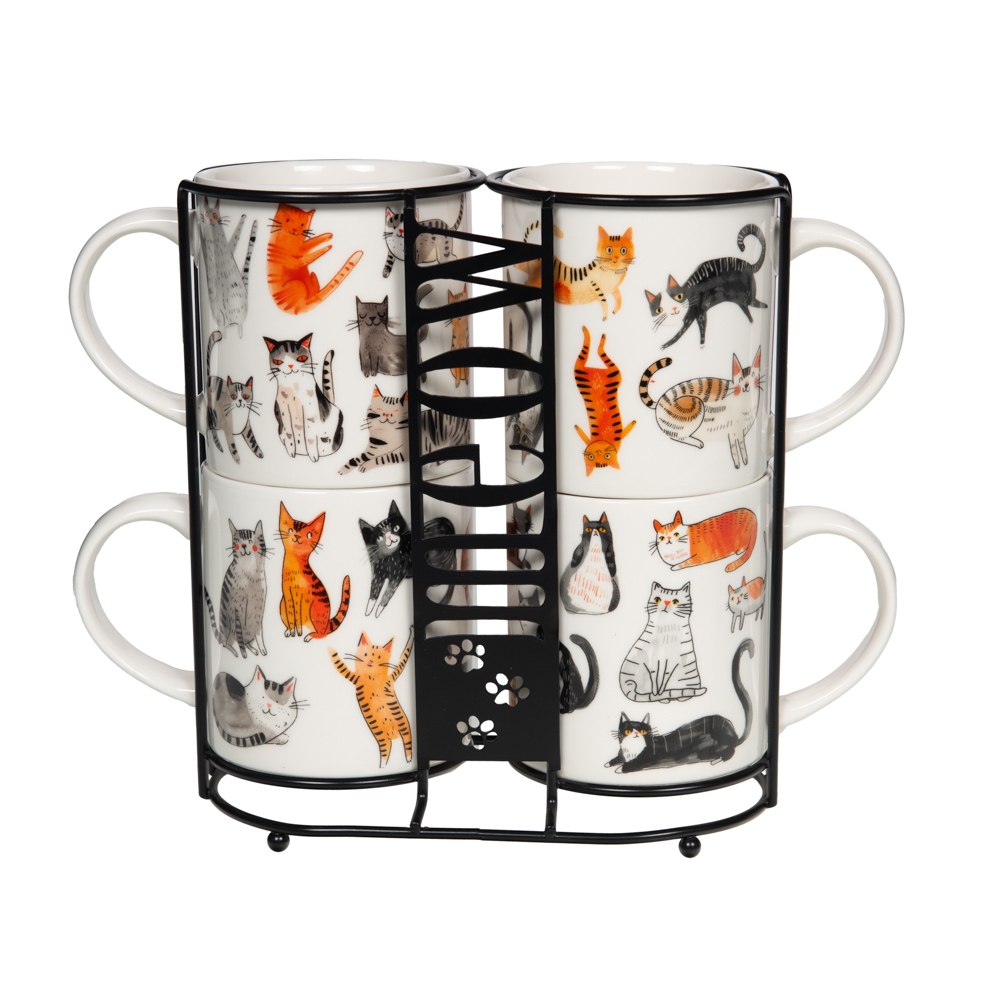 COFFRET RACK 4 MUGS FELIN SUPPORT METAL NOIR - Photo N°1