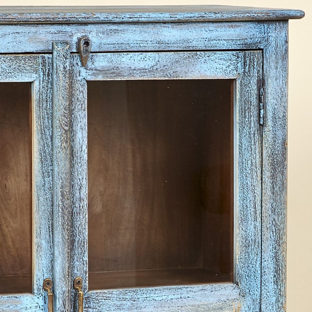 ARMOIRE 2 PORTES VITREES MANGUIER MASSIF FINITION BLEU ANTIQU 90 X 150.5 X 41 CM - Photo N°5