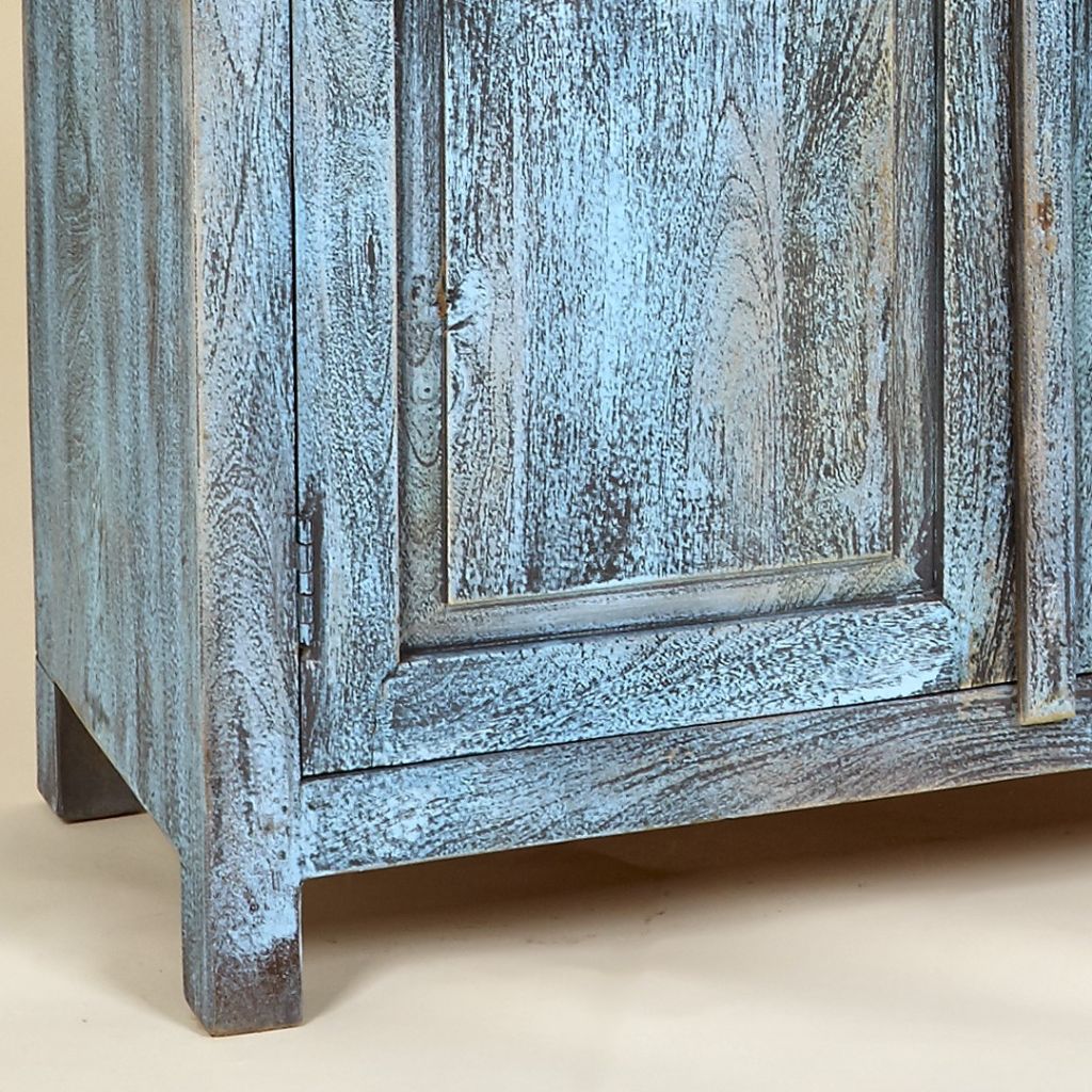 ARMOIRE 2 PORTES VITREES MANGUIER MASSIF FINITION BLEU ANTIQU 90 X 150.5 X 41 CM - Photo N°3