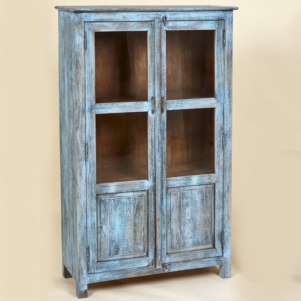 ARMOIRE 2 PORTES VITREES MANGUIER MASSIF FINITION BLEU ANTIQU 90 X 150.5 X 41 CM - Photo N°1