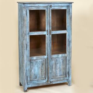 ARMOIRE 2 PORTES VITREES MANGUIER MASSIF FINITION BLEU ANTIQU 90 X 150.5 X 41 CM