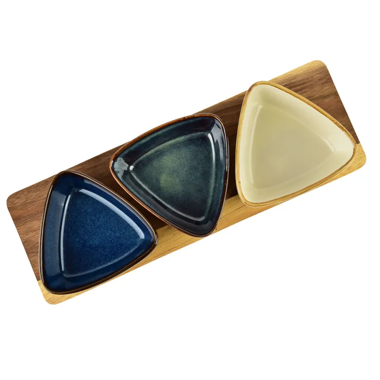 SET 3 RAMEQUINS TRIANGULAIRE MULTICOLORE SUR SUPPORT BOIS 28 X 5.5 X 9.5 CM - Photo N°1