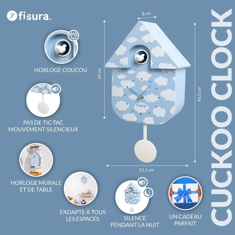 HORLOGE MAISON COUCOU FISURA COULEUR NUAGE CIEL BLEU 21.5 X 41.5 X 8 CM - Photo N°6