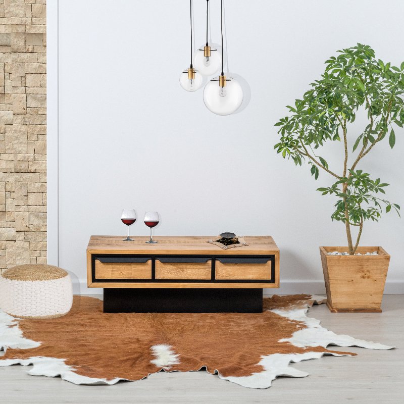 TABLE DE SALON RETRO 3TIROIRS EN PIN MASSIF ET NOIR 100 X 35 X 55 cm - Photo N°5
